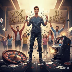 Könnte beinhalten: Eine Illustration zeigt einen Mann, der sich von Ketten befreit, umgeben von feiernden Menschen. Zwei Personen halten Schilder mit der Aufschrift „YOU WIN!“ und „BE FREE!“. Ein Rouletterad und ein kaputter Spielautomat sind ebenfalls zu sehen.