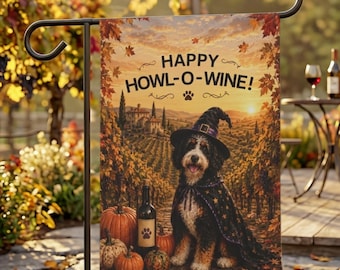 Bandera de jardín de Halloween de doble cara con diseño de perro brujo y bernedoodle, ideal para decorar viñedos otoñales.