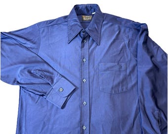Camicia vintage anni '70 Towncraft Penn Prest Disco da uomo, taglia 16 1/2 34, blu, JcPenney