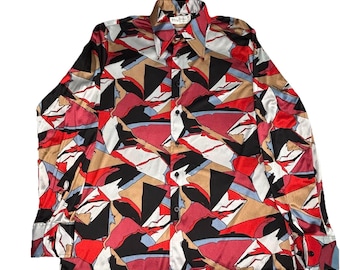 Camicia vintage Oleg Cassini By Burma Disco da uomo, taglia L, anni '70, con stampa geometrica in nylon.
