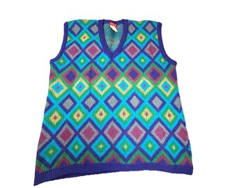 Chaleco de punto vintage Kenzo Paris para hombre, talla 3 grande, lana azul con estampado geométrico.