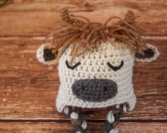 Sleepy Highland Cow Hat Crochet Pattern Baby to Adult  | PDF Instant Download