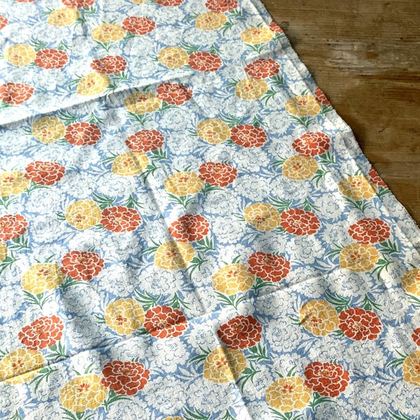 Vintage 1930s-40s Half Feed Sack; 18" x 52"; Vibrant Orange & Yellow Flowers, Blue White Background; VG - Excellent Clean Condition