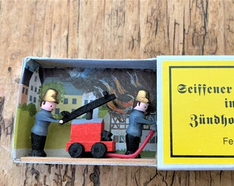 Miniature German Matchbox Toy from Erzgebirge Vintage Wooden Putz Toy Fire Fighter; Fast Holiday Shipping