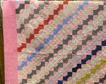 Vintage 1930s-40s Bow Tie  Quilt; Bright  Pink Sashing; Hand-Quilted; Calico & Shirting Fabric; Pink Plaid Backing; 76 x 76; Exc. Condition