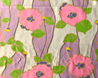 Vintage 60s-70s Mod Dress - Decor Fabric; 44" W BTY; Pink Poppies; Purple, Yellow, Tan Swirls & Flowers; NOS Never Used; EUC  By the Yard