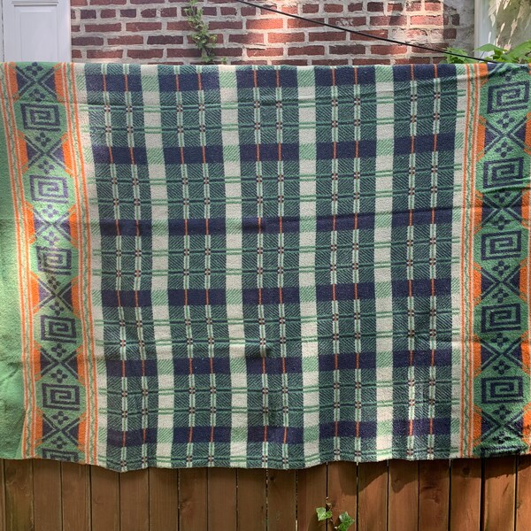 RESERVED -Vintage Beacon Style Cotton Camp Blanket; Blue, Green & Orange Plaid +,Border Print; 58"W x 83"L; Exc. Vintage Condition