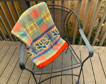 Vintage 1940s Reversible Beacon Style Camp Blanket; Red, Yellow, Blue, Green Plaid +,Border Print; 73"W x 74"L; VG - Exc. Vintage Condition