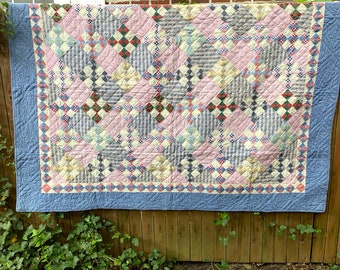 Pretty Vintage Patchwork Quilt; Hand-Quilted; Cotton Chambray and Plaid Fabrics; 9-Patch Quilt Variation;  Excellent Condition; 88" x 68"