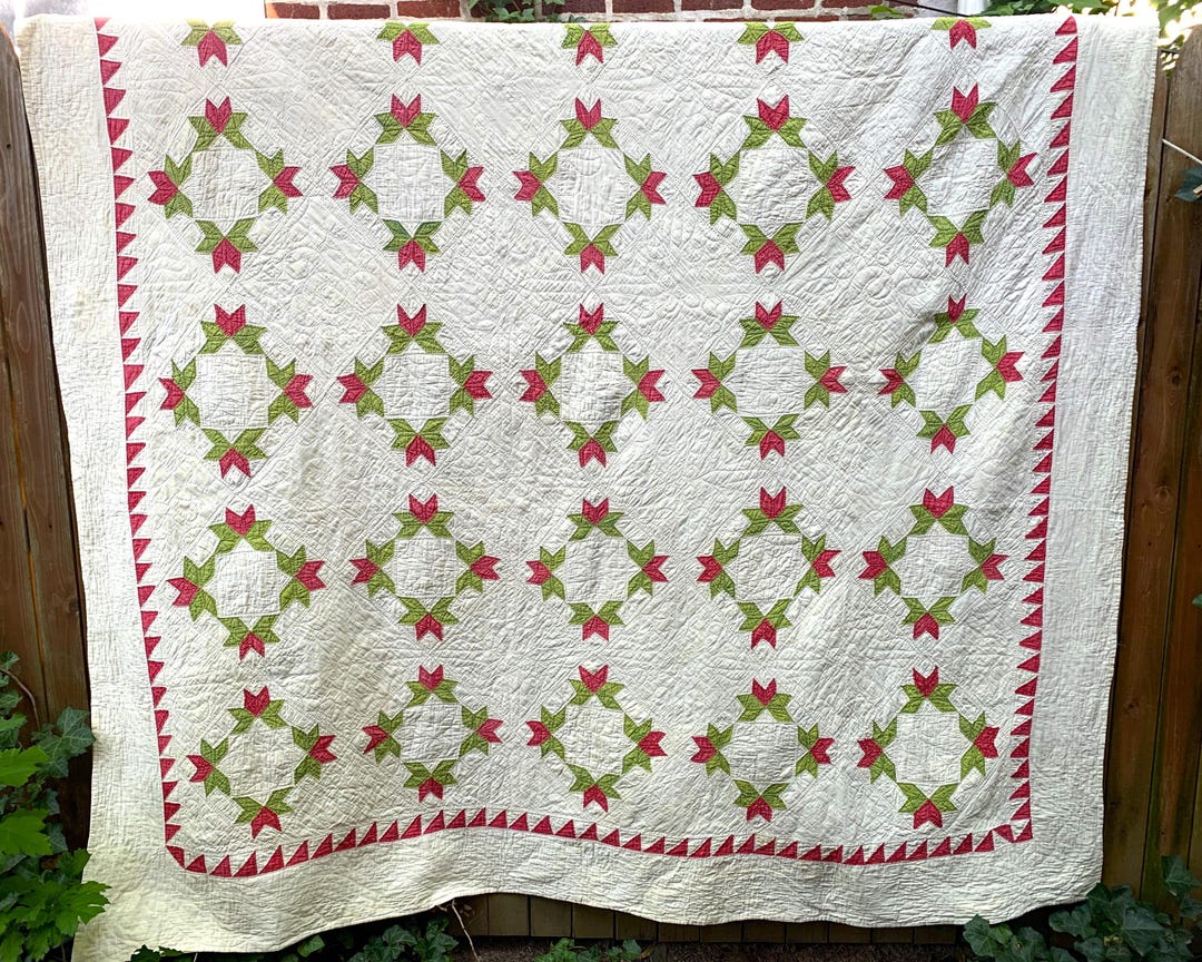 Antique Quilt 82 X 86 Late 19th C. Solid Red & Green Calico Country ...