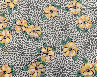 Vintage 1940s One-half Feed Sack; Orange-Yellow Flowers; Gray Spotted Background; Green Printing Stain; 37"x20"; Quilting Fabric