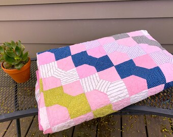 Vintage 1930s-40s Bow Tie  Quilt; Bright  Pink Sashing; Hand-Quilted; Calico & Shirting Fabric; Pink Plaid Backing; 76 x 76; Exc. Condition