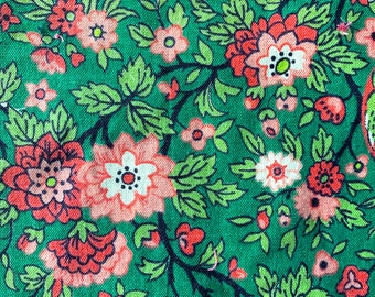 Vintage 1940s Garden Print; Shades of Pink & Green; Plants, Birds, Butterflies; 34"W x 23" L; 100% Cotton Decor Weight Fabric; Hemmed Edges