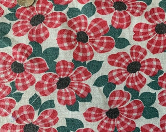 Vintage 1930s-40s Floral Feedsack;Flowers with Red White check Petals, Dark Green Leaves; Full Open Vintage Feed Sack; 38"W x 37 L; VGC