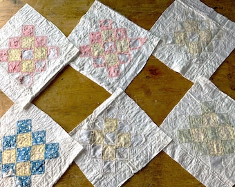 6 Vintage Antique Quilt Rescue Pieces;  Tattered But Pretty Quilt Blocks Rescued From a Frayed 19th Century Quilt