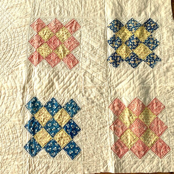 Vintage Antique Cutter Quilt Piece Late 1800s Scrappy Quilt Piece 35" Square;  4 Patchwork Blocks + White Sashing; Worn Project Pcs