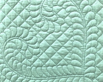 Vintage Whole Cloth Reversible Feather Stitch Quilt;  Pastel Green Top; Yellow Backing; Exceptional Hand Quilting in Green;  86" x 80"