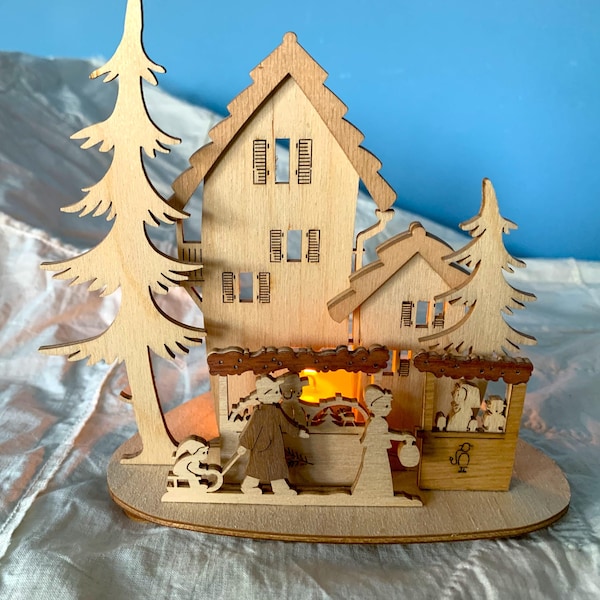 Vintage German Christmas Market Tea Light Holder; Erzgebirge Crafted Wooden Tea Light Display; NOS EUC by Kuhnert