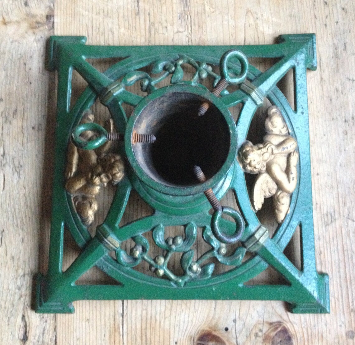 Antique German Christmas Tree Stand Painted Cherubs Etsy