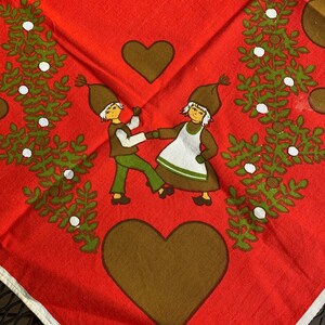 Vintage Swedish Pixie Elves Christmas Tablecloth Topper 33.5 x 36 Clean Bright Condition Fun Graphics image 5