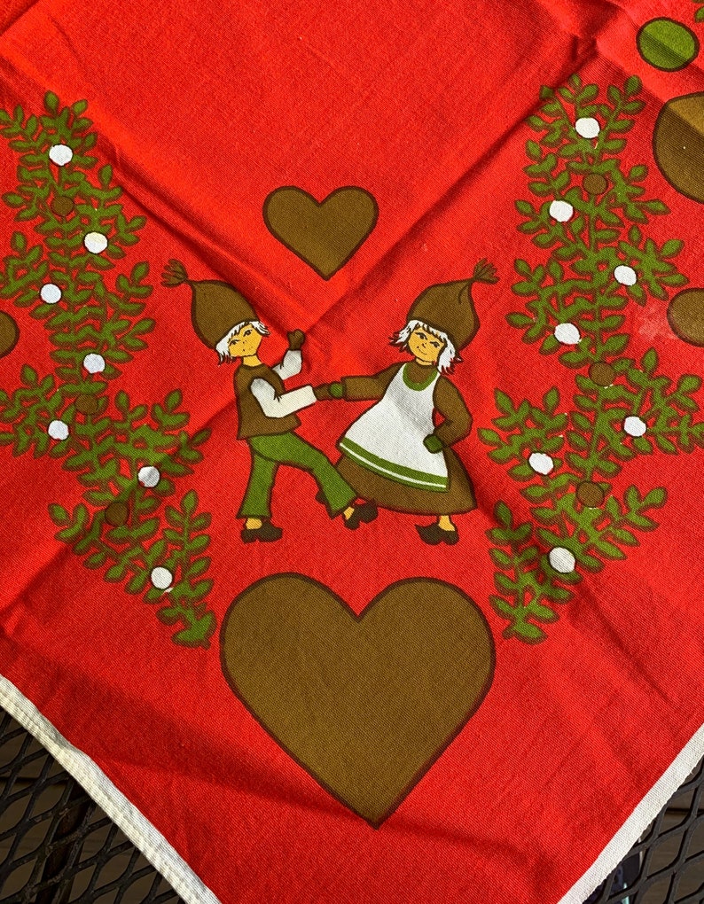 Vintage Swedish Pixie Elves Christmas Tablecloth Topper 33.5 x 36 Clean Bright Condition Fun Graphics image 5