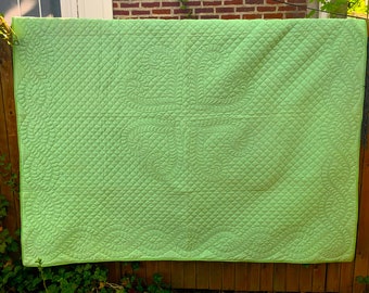 Vintage Whole Cloth Reversible Feather Stitch Quilt;  Pastel Green Top; Yellow Backing; Exceptional Hand Quilting in Green;  86" x 80"