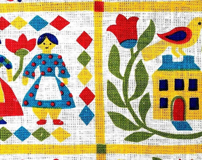 Vintage Colorful PA German Motif Linen Tea Towel; NOS; Folk Art Birds