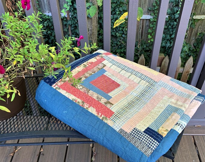 Vintage Log Cabin Quilt Early Fabrics Indigo Chambray Etsy