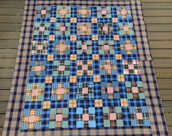 Stunning Vintage 9 Patch Quilt; Homespun Check Plaid Fabric; Spotless Condition;  Muted Blues, Browns, Rust; Expert Hand-Quilting; 73" x 83"