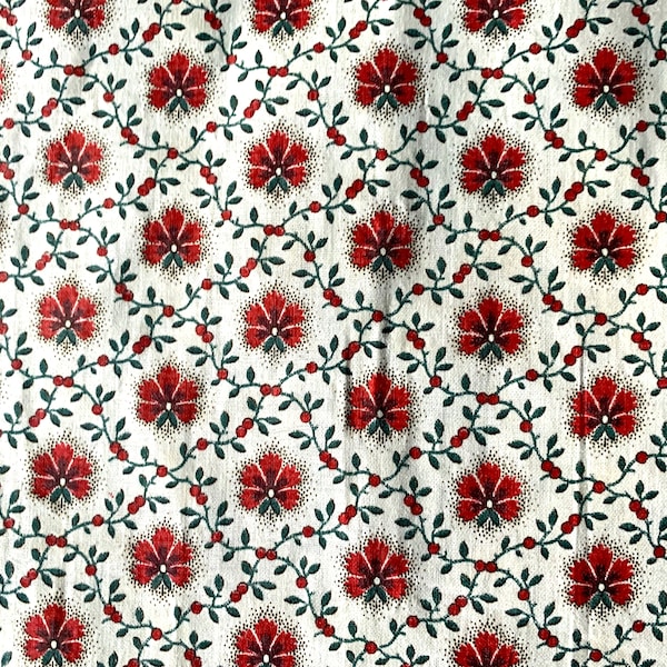 Vintage Antique  Glazed Chintz Fabric; For Shelf / Drawer Lining; Decor: Red Flowers & Vines Pattern; 23" W x 38" L; Crisp Papery Finish