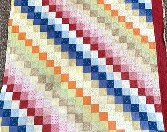 Vintage Antique Cutter Trip Around the World Quilt Pieces ; By the Piece; 42" x 40" Squares; Indigo; Calico; Madder; Solid Red, Blue, Orange