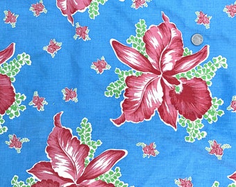 Vintage 1930s Rescued Cotton Yardage: Bright Blue Background; Pink Hibiscus Flowers; 4 Yds x 36" W; VG Used Condition; Clothing/Decor Fabric