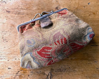 Vintage 1920s-1930s Art Nouveau  Floral Tapestry Clutch Purse; Silver Frame; Leather Wrist Strap; 10" W x 6.5"H; Great Burnished Look