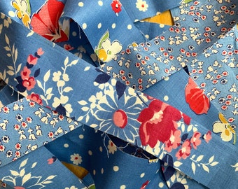Vintage Fabric Strips Rag Ribbons; 3 Blue Floral Prints; 1.25-1.75" W; Log Cabin & Doll Quilts; Gift Wrapping; 50 Pc Assortment