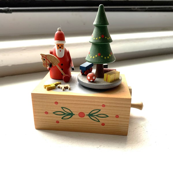 Vintage Erzgebirge Belsnickel Santa Hand Crank Wooden Music Box; Plays "O Tannenbaum" (Oh Christmas Tree) Hand-Crafted in Germany 4"H x 3"W