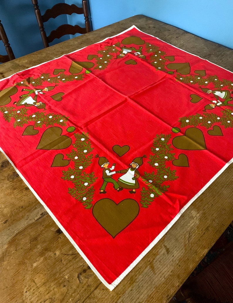 Vintage Swedish Pixie Elves Christmas Tablecloth Topper 33.5 x 36 Clean Bright Condition Fun Graphics image 2