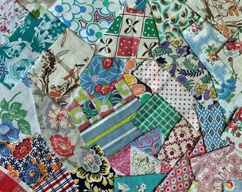 Vintage 1930s-50s Small & Medium Feedsack Scraps: 75 Pcs, 65+ Different Prints ; Floral; Novelty; Geometric; Plaid + Abstract Prints