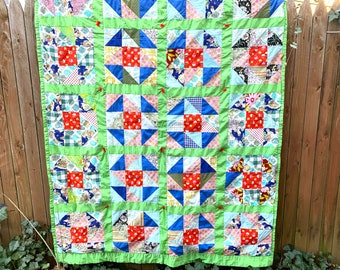 Vintage 1960s-70s Tied Patchwork Quilt Comforter Bedspread; Electric Green Sashing; Mod Fabrics; Cheater Print Background; EUC 60" x 78"