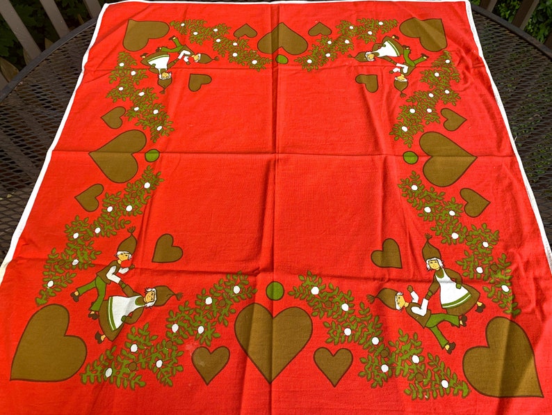 Vintage Swedish Pixie Elves Christmas Tablecloth Topper 33.5 x 36 Clean Bright Condition Fun Graphics image 4