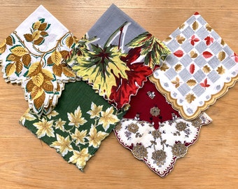 Vintage Fall Colors Hankie Lot:   5 Vibrant Hankies Scalloped Edges; Golds; Reds; Greens; Browns; Excellent Condition