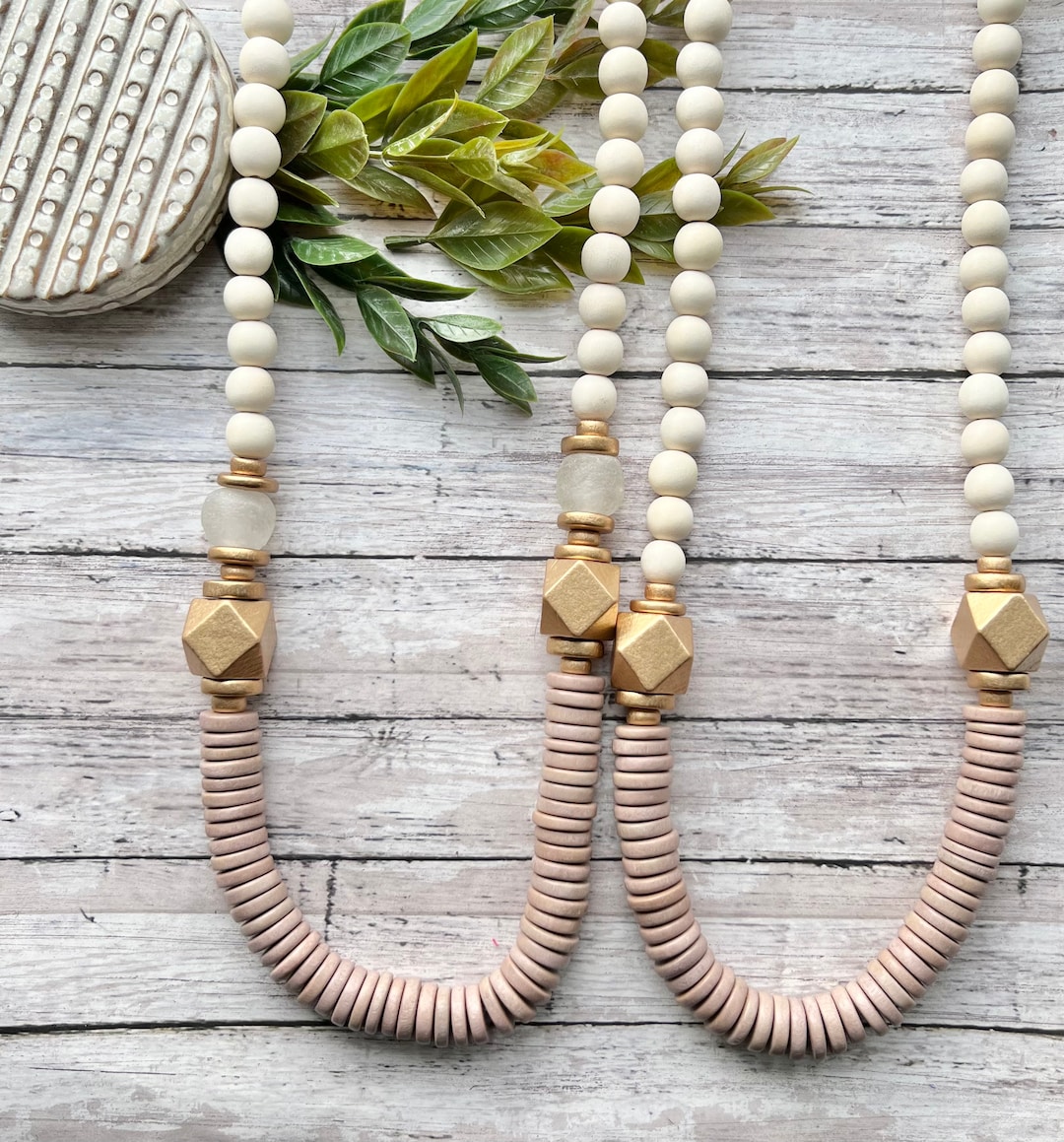 chunky wood beaded neutral statement necklace