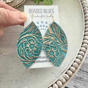 Turquoise leather earring, turquoise gold western floral leather earring, gold embossed leather, large petal earring, gift for girlfriend. image 5
