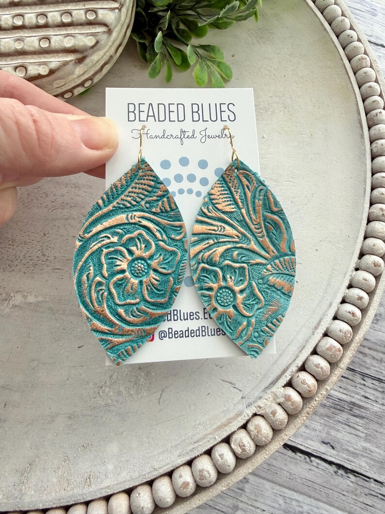 Turquoise leather earring, turquoise gold western floral leather earring, gold embossed leather, large petal earring, gift for girlfriend. image 5