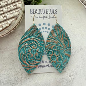 Turquoise leather earring, turquoise gold western floral leather earring, gold embossed leather, large petal earring, gift for girlfriend. image 1