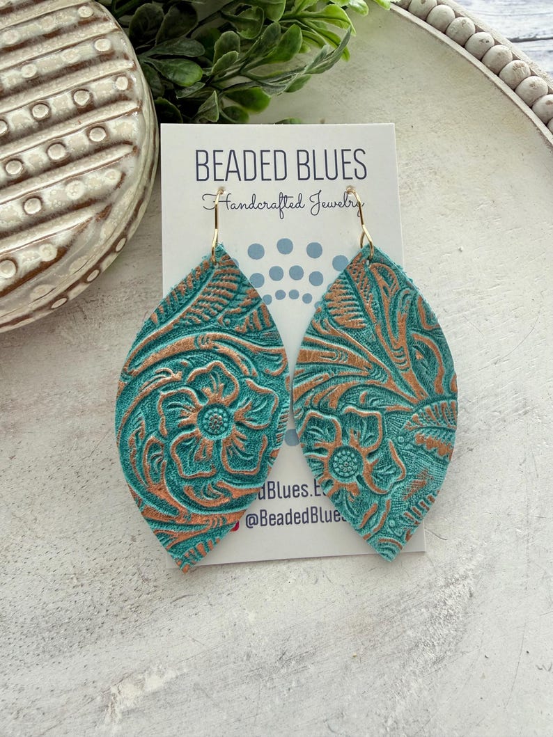 Turquoise leather earring, turquoise gold western floral leather earring, gold embossed leather, large petal earring, gift for girlfriend. image 1