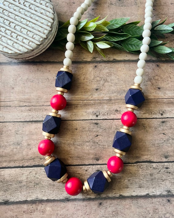Red and Navy Necklace Blue and Red and White Statement Beaded