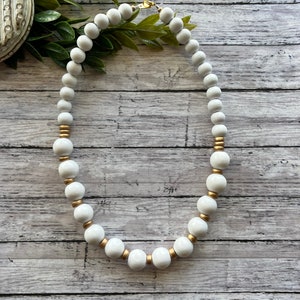 White beaded necklace, bright white wood bead necklace, white Statement Necklace, mid length necklace.