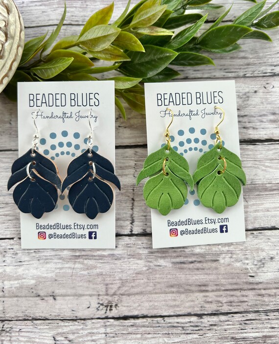 Green leather earrings, navy blue leather earrings, embossed leaf earrings, textured leather earrings.