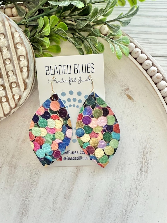 Leather Earrings - Multicolor Hand Tooled Multi Colored Chocolate Brown Fancy Teardrop  main image 3