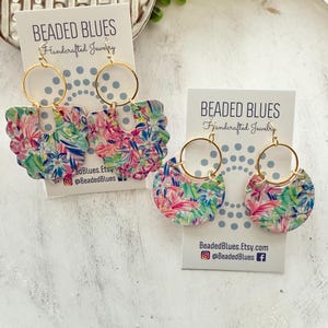 Floral leather earrings, tropical leather earrings, summer earrings, flower hot pink and green and blue leather earrings, Mothers Day gift.